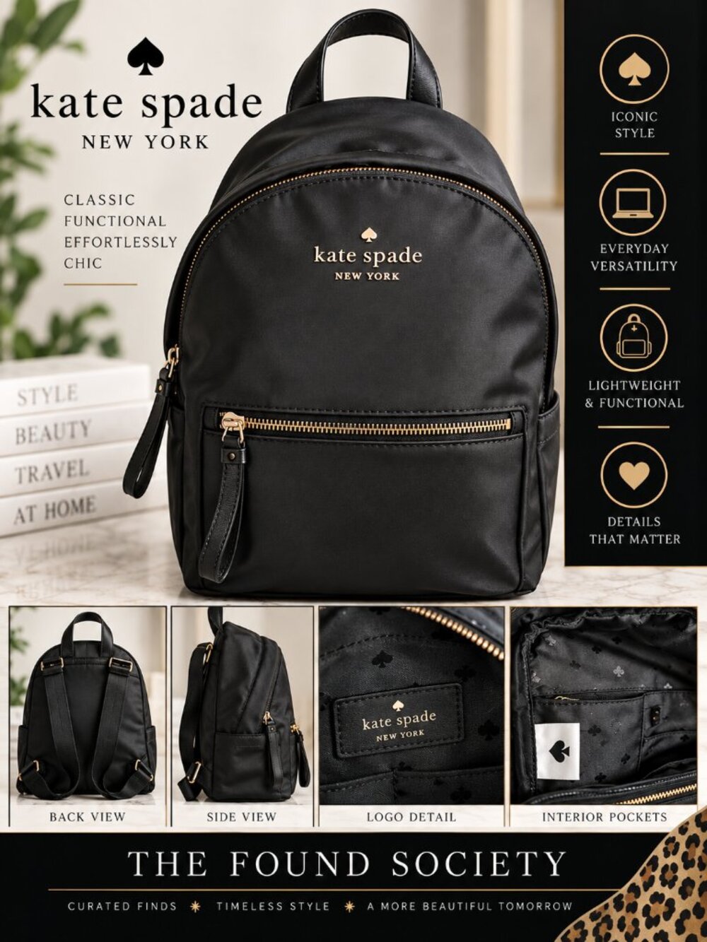 Kate Spade New York Black Nylon Backpack Gold Hardware